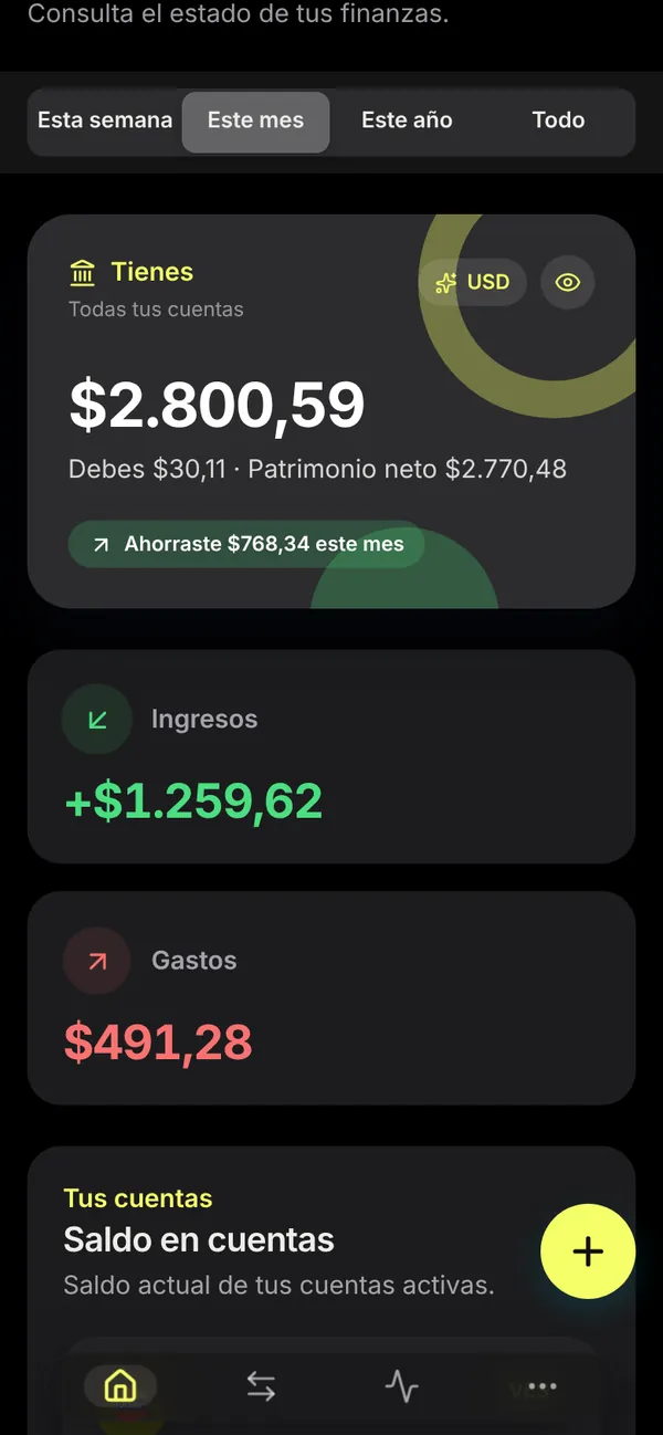 Inicio de Cronos con el total de tus cuentas, tus ingresos y tus gastos del mes